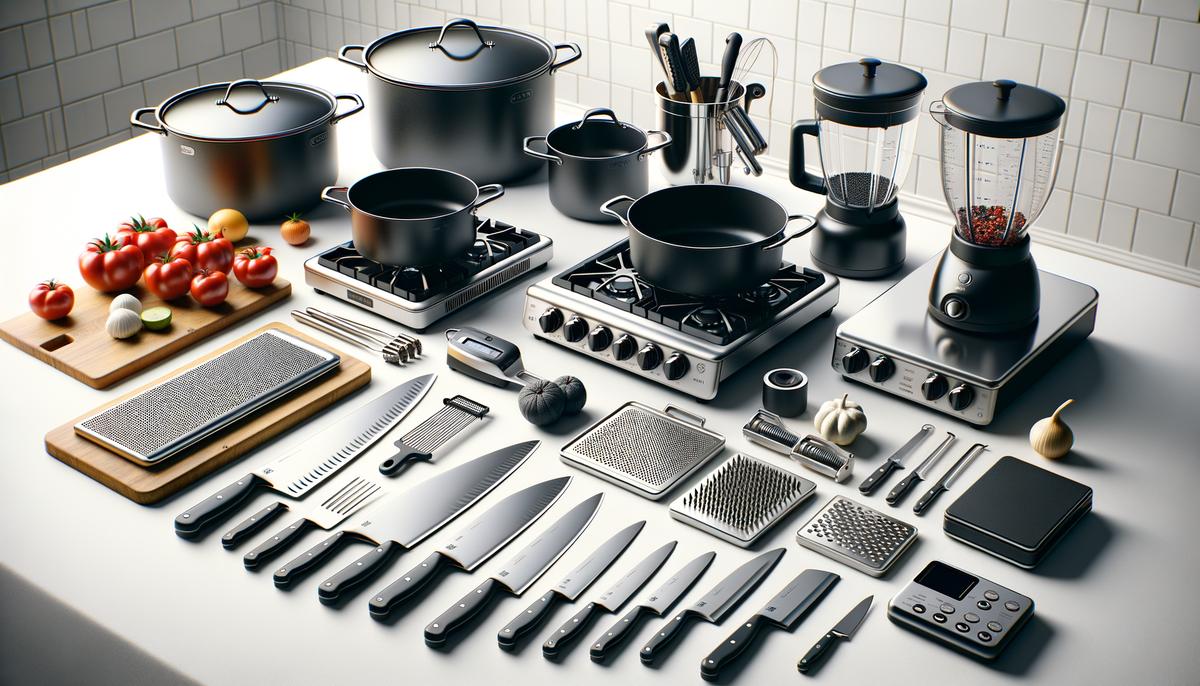 Imagen de utensilios de cocina variados como cucharas medidoras, báscula, tabla de cortar, sartenes y moldes para hornear