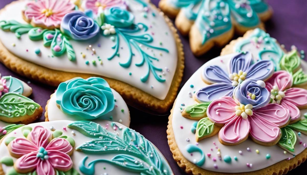 A close-up image of beautifully decorated cookies with various icing designs, sprinkles, and edible glitter.