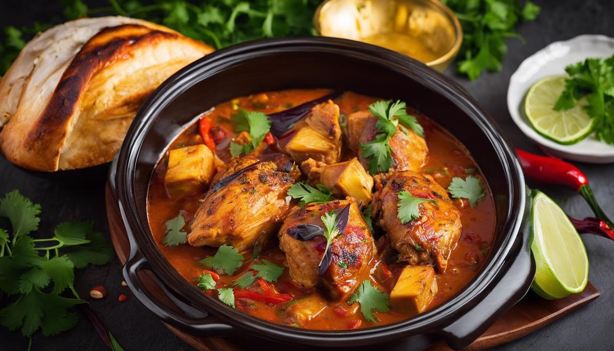 A photo of a delicious dish of Pepian de Pollo, a traditional Guatemalan stew with tender chicken, rich sauce, and vibrant colors.